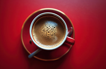 a cup of coffee is placed on a red background.の素材