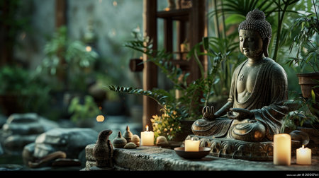a buddhist statue in an oriental setting with candles near it.の素材