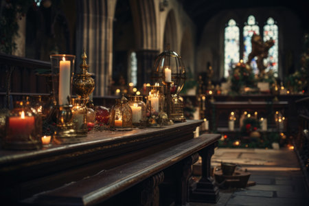 a church filled with Christmas decorations and candles.の素材