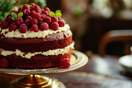 A Golden Stand Adorned Red Velvet Cake with Raspberries.の素材