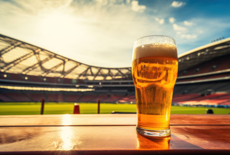 a glass of beer is pictured with an arena.の素材