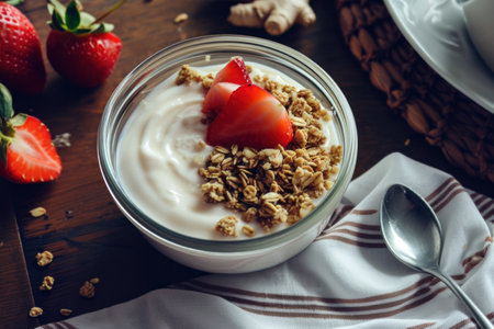 a bowl of cereal, granola, berries and chia seeds.の素材
