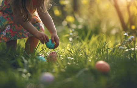 a little girl is picking up easter eggs in a grassy area.の素材