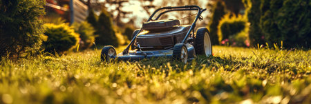 lawn mower on a green lawn with sunlight in the background.の素材