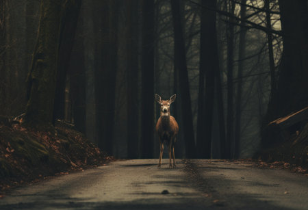 a beautiful deer stands on the road in the forest.の素材