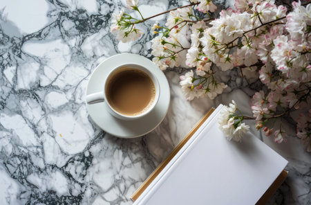 a white book and a cup of coffee on a marble surface with flowers.の素材