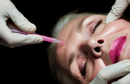 an older woman is getting an injection of facial wrinkles.の素材