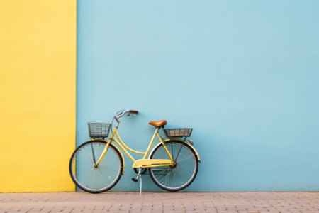 bicycle parked next to a yellow wall.の素材