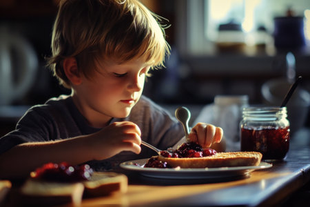 boy has cereal containing berry jam on toast.の素材