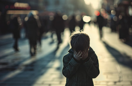 boy covering himself while others walk by.の素材