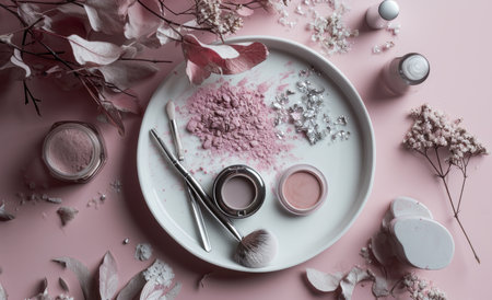 cosmetics and beauty products on a white plate.の素材