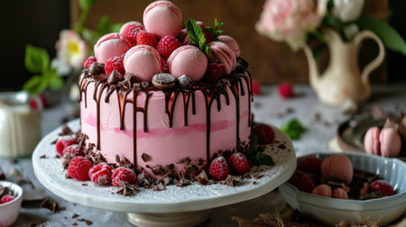 Description of a Pink Cake with Macaroons, Raspberries.の素材