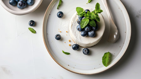 Describing a Dessert Plate with Birds Milk Cake, Blueberries.の素材