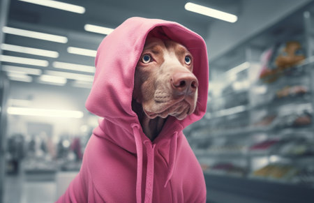 dog with a pink hooded jumper in a shop.の素材