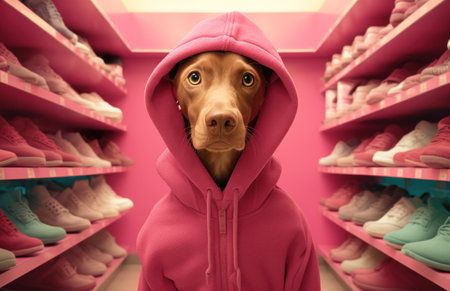 dog with a pink hooded jumper in a shop.の素材