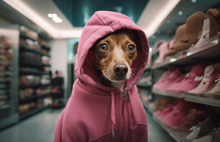 dog with a pink hooded jumper in a shop.の素材
