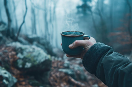 a hand holding a coffee cup over a misty autumn forest.の素材