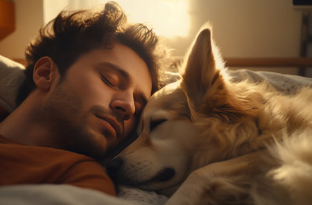 man and dog lies on bed next to him.の素材