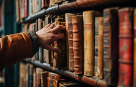 male's hand selecting a book from the shelf of books.の素材
