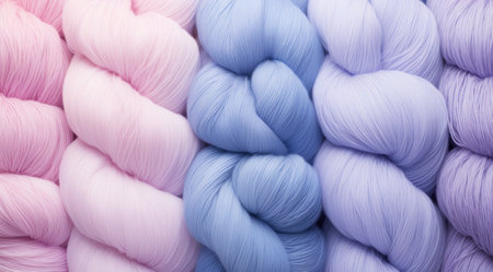 multiple kinds of yarn on a pink and blue background.の素材