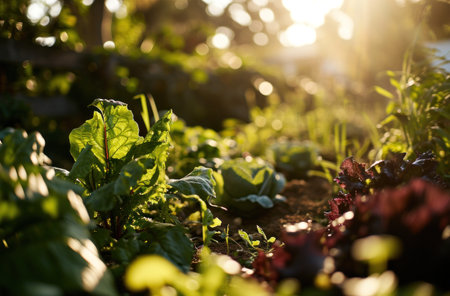 the home garden is filled with green vegetables.の素材