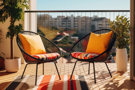 two colorful chairs on a balcony covered in colorful cloth.の素材