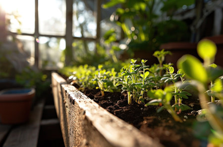 seedlings are pictured on a wooden raised bed.の素材