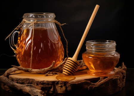 there are two jars containing raw honey and a wooden stick.の素材