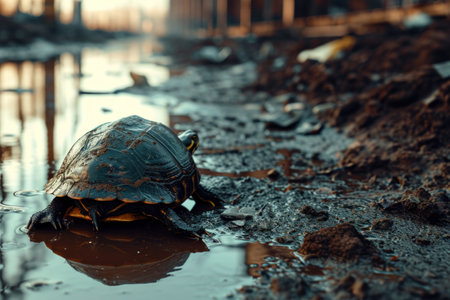 the turtle walked through mud with heavy metals laying on the ground.の素材