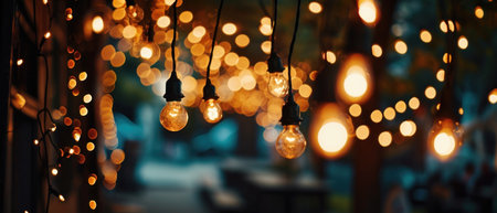 string lights hanging around outside of an event or wedding.の素材