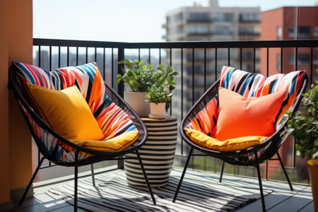 two colorful chairs on a balcony covered in colorful cloth.の素材