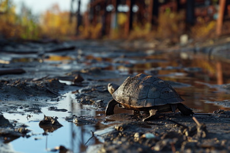 the turtle walked through mud with heavy metals laying on the ground.の素材