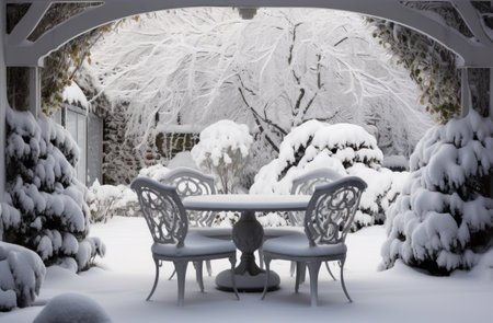 white patio and garden table with furniture covered with snow in winter,.の素材