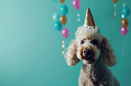 golden retriever wearing birthday cake in the background.の素材