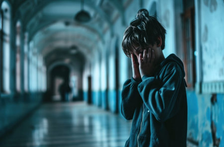 young boy covering his face as he passes on the hallway.の素材