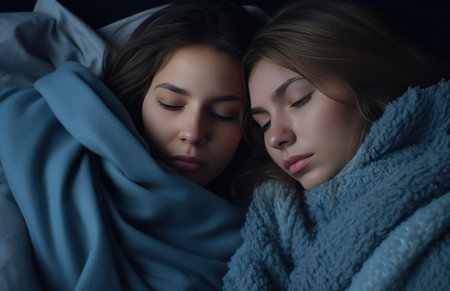 woman and woman in bed in morning with chest pain with blue scarf.の素材