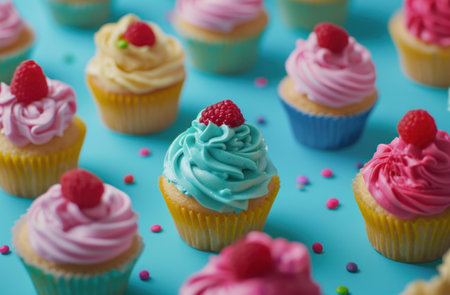 colorful cupcakes are around for a party on a blue background.の素材