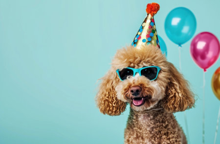 golden retriever wearing birthday cake in the background.の素材