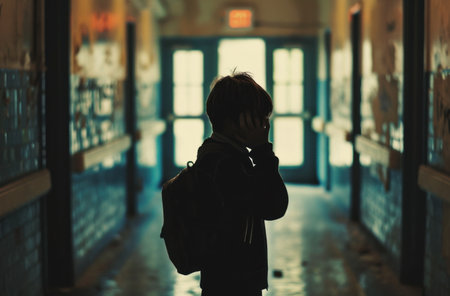 young boy covering his face as he passes on the hallway.の素材