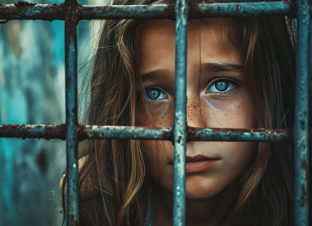 young girl staring through bars with sad look documentary, colorized.の素材