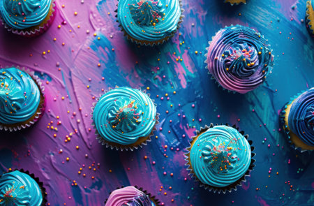 colorful colorful cupcakes with blue sugary decorations.の素材