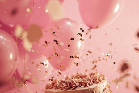 confetti and balloons along with a cake.の素材