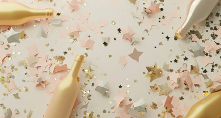 confetti, gold bottles, silver stars, and paper confetti.の素材