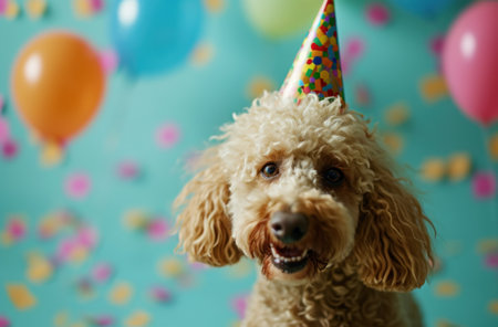 golden retriever wearing birthday cake in the background.の素材