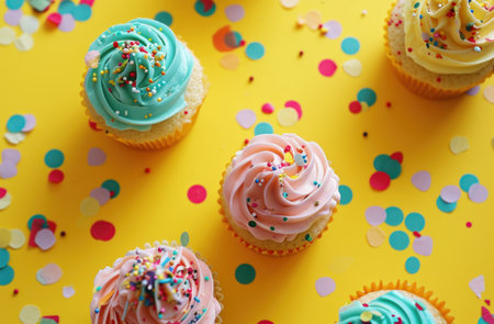 colorful cupcakes with confetti decorations surrounding.の素材