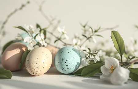 A spring holiday scene with pastel hues, decorated eggs.の素材