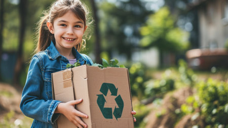 girl holding a cardboard box with the recycle symbol.の素材