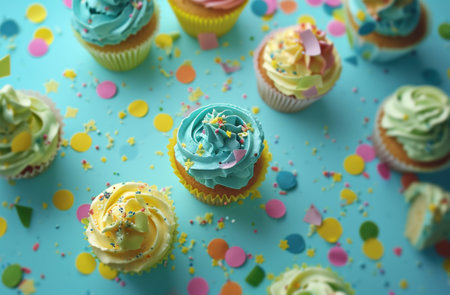 colorful cupcakes with confetti decorations surrounding.の素材