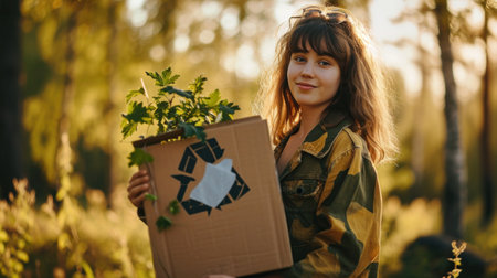girl holding a cardboard box with the recycle symbol.の素材