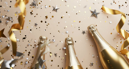 confetti, gold bottles, silver stars, and paper confetti.の素材